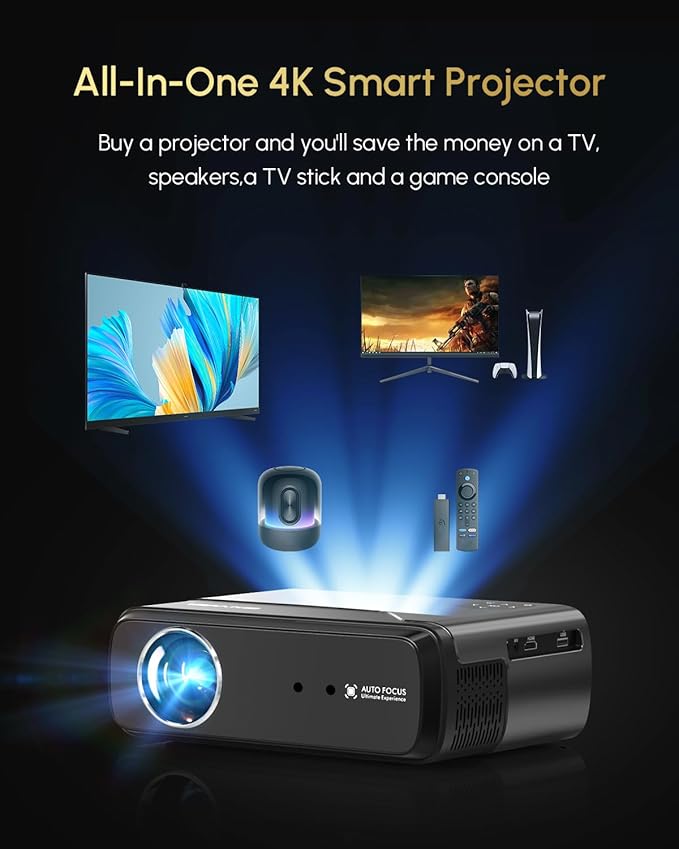 Portable Smart Projector Netflix Officially,AI Auto Focus&Keystone,1200ANSI 4K Support,WiFi6+2.4/5G WiFi,Two-way Bluetooth,Dolby Audio,HDR10,Android TV 11.0,Google Assistant,Home Theater Outdoor Movie
