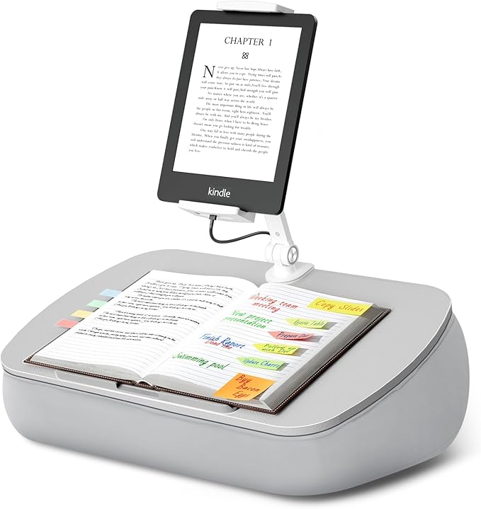 Lap Beanbag Cozy Kindle Pillow Stand for Bed with Adjustable Arm, 360° Tablet Holder, Fits 4.7"-13" Kindle, iPad, Phone, Laptop, Lap Desk for Hands Free Reading in Bed, Couch, Sofa(Light gary)