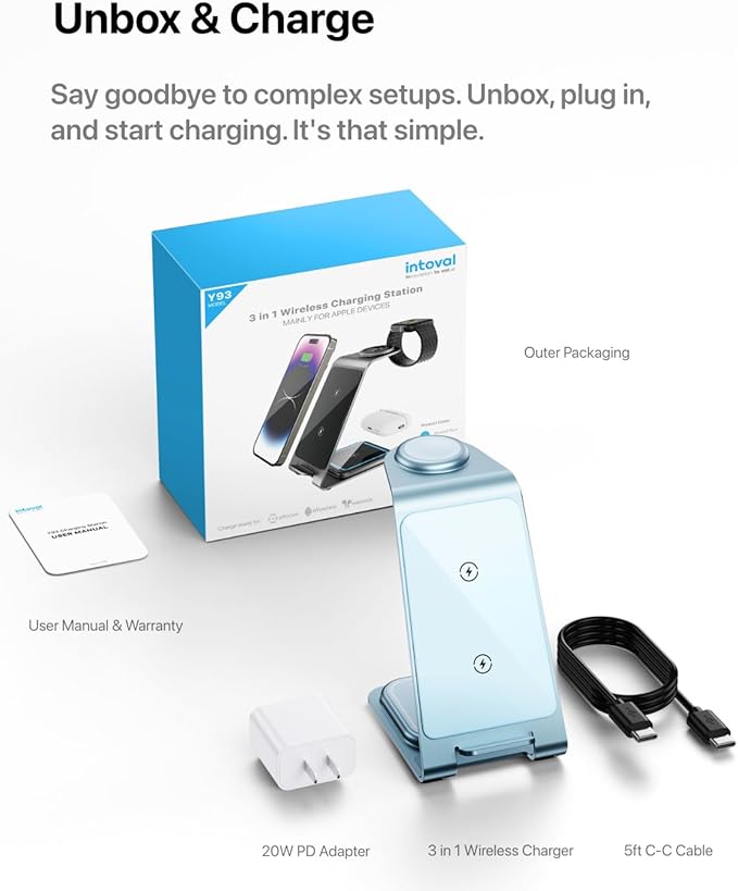 Intoval 3 in 1 Wireless Charging Station for iPhone 17 16 15 14 13 12 11 X Pro Max, Wireless Charger for Apple Watch Ultra 3 SE 9 8 7 6 5 4 3 2, for AirPods 4 Pro Pro 2 3 (Y93, Blue)