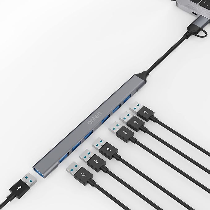 USB C Hub, ONTEN USB C USB to USB Adapter, USB C to USB A Hub, 7 Ports USB-C USB to USB Hub 3.0/2.0, for MacBook Pro, iMac 2021, USB Splitter Aluminum Alloy, Color Gray