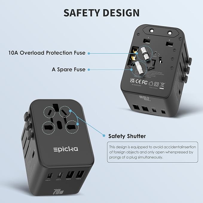 EPICKA Universal Travel Adapter, GaN International Plug Adapter with 3 USB-C 70W PD Fast Charging & 2 USB-A Adaptor All-in-one Wall Charger for USA EU UK AUS (TA-105 Pro, Black)