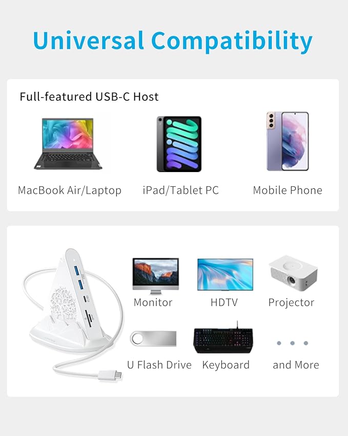 USB C Hub, White 8 in 1 USB C Hub Multiport Adapter with 4K HDMI, 100W Power Charging, 5Gbps Type C 3.0, 3xUSB A 3.0, SD/TF Reader& RGB Lighting, White Dcoking Station for MacBook Air, Laptops(Tree)