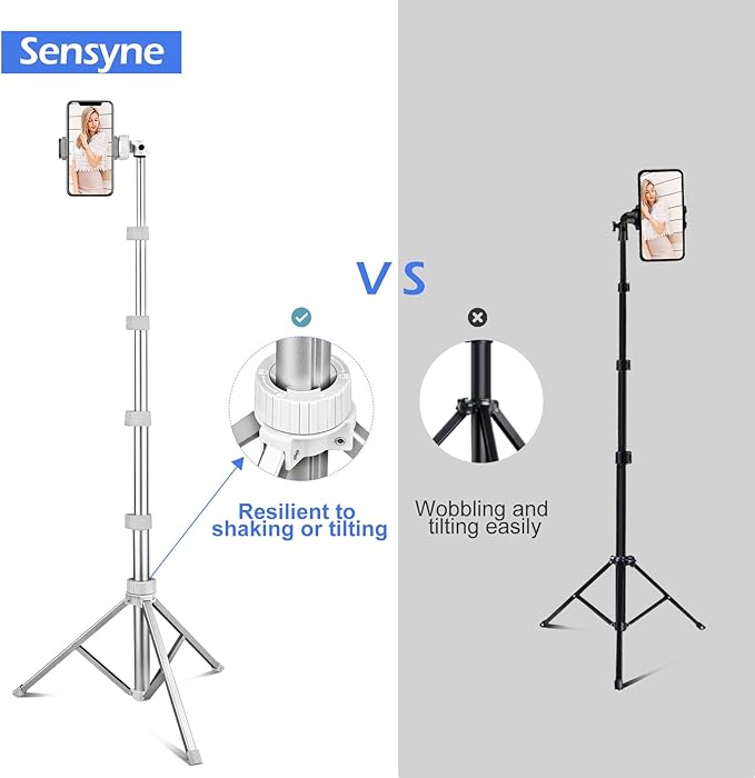 Sensyne 67" Phone Tripod & Selfie Stick, Extendable iPhone Tripod Stand with Wireless Remote and Phone Holder, Compatible with Cell Phone, Camera (Silver)