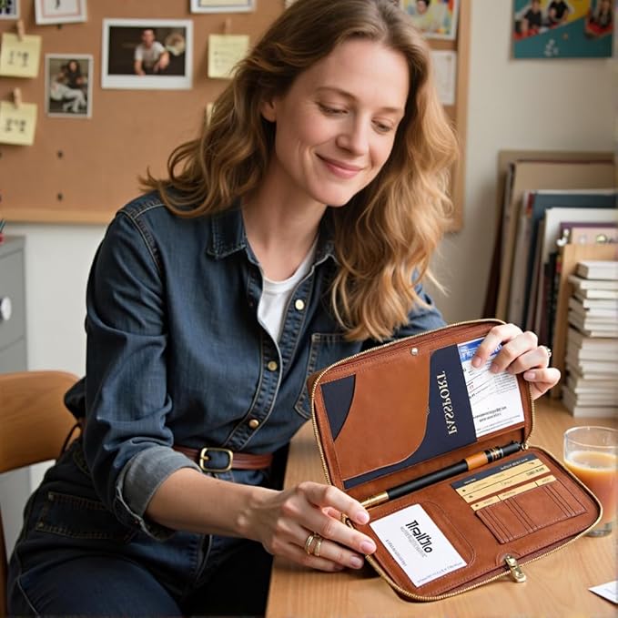 RFID Passport Holder for Wallet,RFID Blocking Document Organizer Clutch Bag, Credit Cards Case Cover Travel Wallet (Brown)