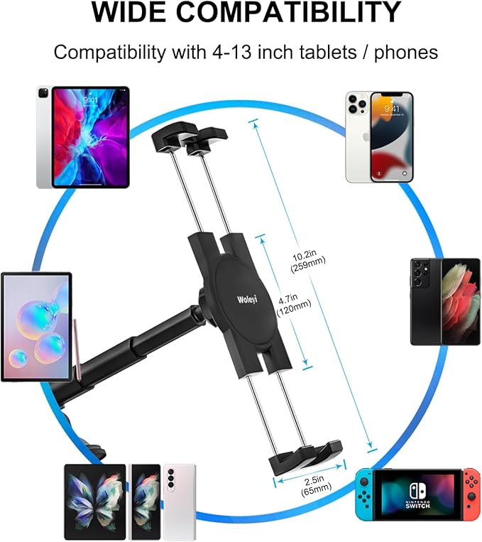 woleyi Dashboard Car Tablet Mount, Telescopic Tube Suction Cup Car Tablet Holder, Compatible with iPad Pro/Air/Mini, Galaxy Tab/Z Fold, Fire HD, Surface, iPhone, More 4.7-13" Cell Phones and Tablets