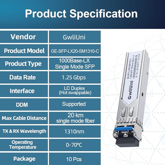 10Pcs 1.25G Single Mode SFP Fiber Module Network Transceiver, LX SM 1310nm 20km, Duplex LC Interface for Switch, Router, Firewall, Network Card, Media Converter etc