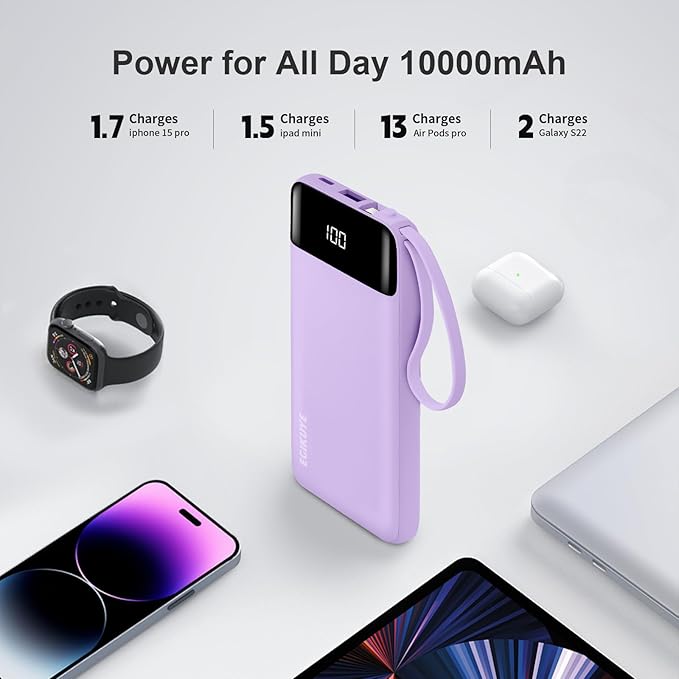 Power Bank 10000mAh Portable Charger with 4 Built-in Cables, Type-C in & Out Phone Charger, External Battery Charger Pack & Travel Essential for iPhone 16/15/14, Samsung, iPad, Android