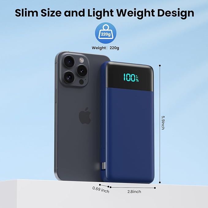 Portable Charger 13800mAh Power Bank with Built-in Cables,LCD Display Fast Charging USB C Battery Pack,4 Outputs Travel Essential Portable Phone Charger for iPhone 16/15/14/13,Android (Navy Blue)