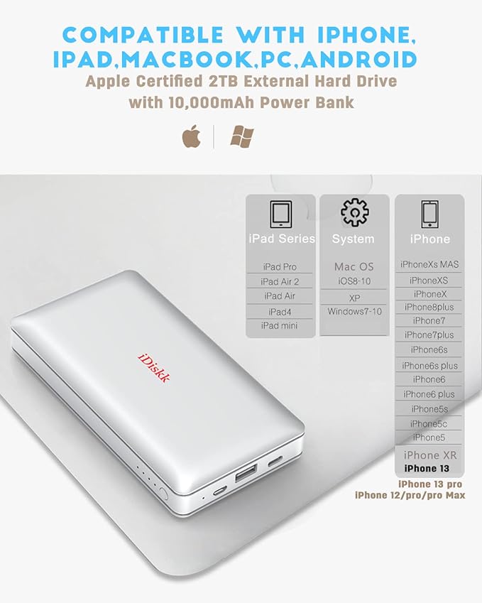 iDiskk App-le Mfi Certified 2TB External Hard Drive for iPhone 15 & 16, iPad, Android Phones, Mac - Backup Photos, Videos & Files, 10000mAh Power Bank