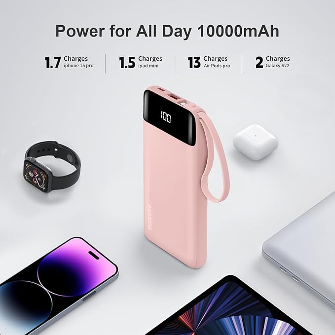 Power Bank 10000mAh Portable Charger with 4 Built-in Cables, Type-C in & Out Phone Charger, External Battery Charger Pack & Travel Essential for iPhone 16/15/14, Samsung, iPad, Android