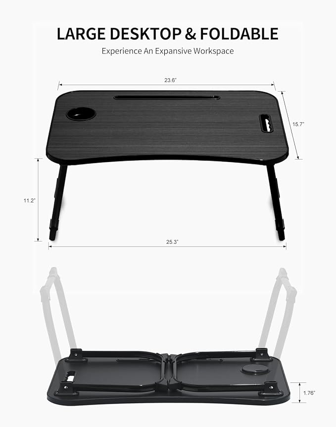 Laptop Bed Desk, Foldable Lap Table, Portable Study Table, Laptop Stand with Cup Holder & Tablet Slot & Lifting Handle for Working Writing Drawing & Eating - Dark Black