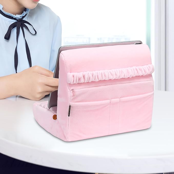 MOSISO Tablet Pillow Stand,Soft Tablet Holder for Lap,Tablet Soft Pad Dock with Pockets&Stylus Slot&4 Viewing Angles Compatible with iPad Pro 12.9,11,10.5,9.7,Air Mini 6,5,4,3, E-Reader, Pink