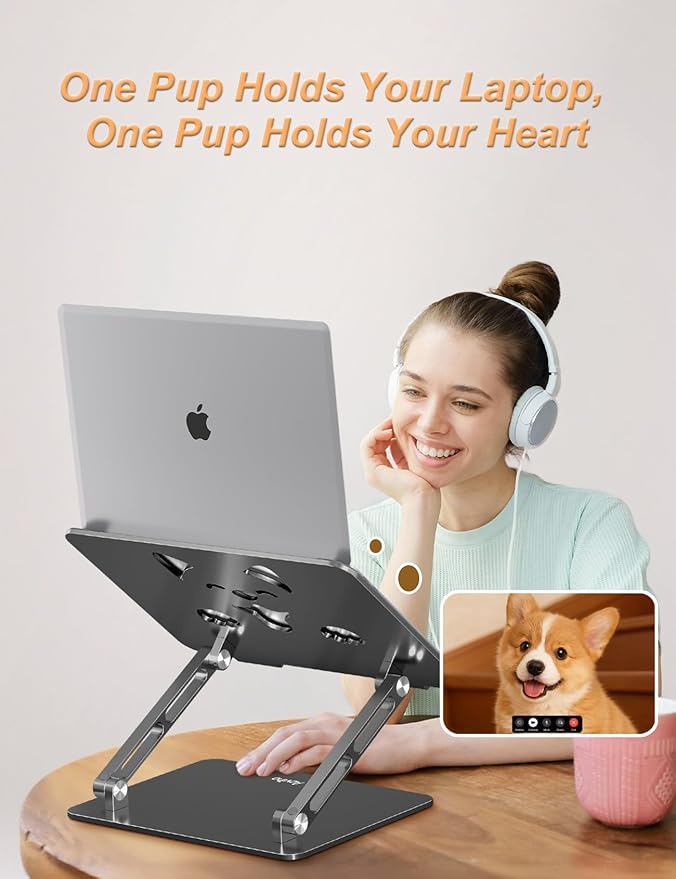 Laptop Stand for Desk – Adjustable Portable Laptop Riser, Aluminum Laptop Holder Compatible with MacBook Air Pro, Dell, HP, Lenovo (10"-17.3"), Featuring Unique Puppy Panel Design, Gray