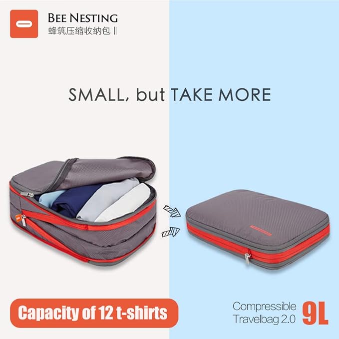 Bee Nesting BeeNesting Waterproof Compression Packing Cubes 5/6/8 sets, Large Travel Packing organizers for Carry on Luggage, 2 Sides Expandable Storage Bags (Dark Green, 9L)