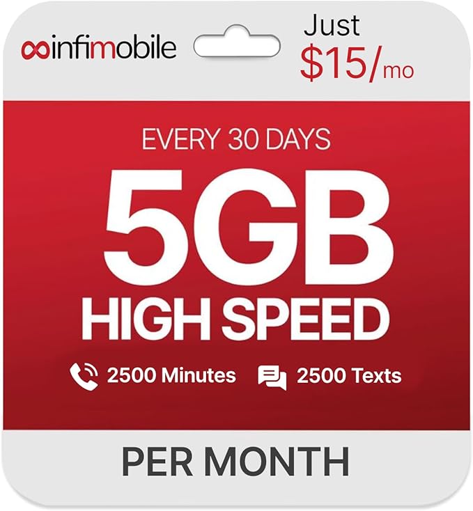 $15/Month | Infimobile Prepaid Plan: 1 Months | 5GB High-Speed Data Per Month | 2500 Minutes and 2500 Text| Prepaid Plan Service SIM Card | Nationwide Coverage | 4G, 5G V-Network