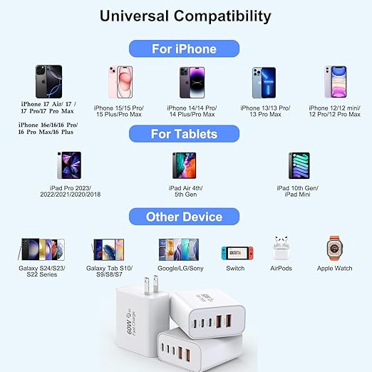 3 Pack Apple 17 Pro Max Charger Fast Charging,PD 60W 5 in 1 Multiport USB C Wall Charger Block Fast Charging, iPhone 16 Plug Cube Quick Charge for iPhone17 Air/16/16e/16 Pro/15Pro Max/14/13/12/11/iPad