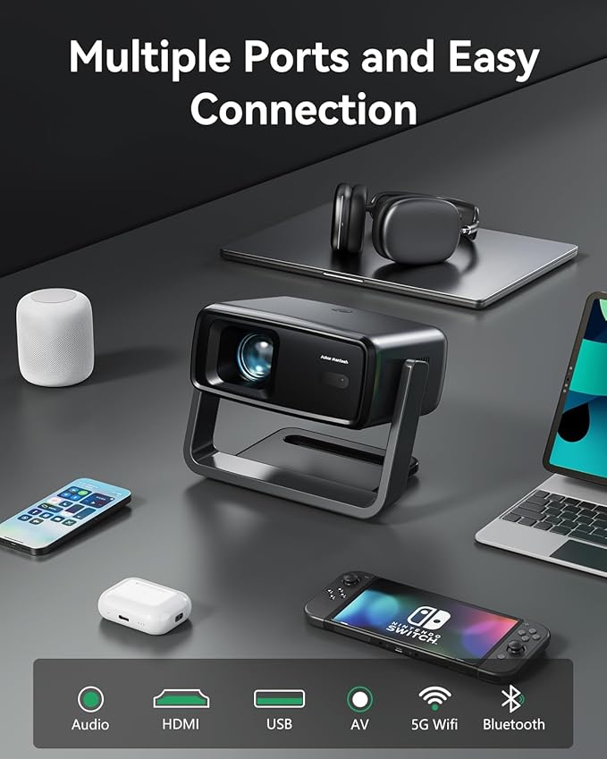 4K Projector Decoding Support, Projector with WiFi and Bluetooth, Native 1080P mini projector, 180° Rotatable with Auto Keystone, 200'' Screen Portable Outdoor Home Theater Movie Smart Projectors