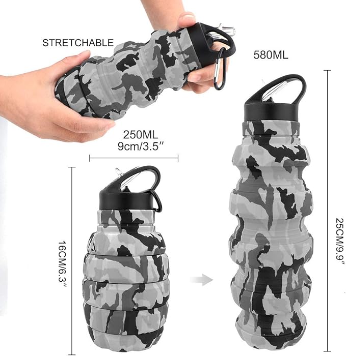 QiCheng&LYS Collapsible Water Bottle – Reuseable BPA Free Silicone Travel Water Bottle Collapsible Very Suitable for Sport Hiking, Camping and Outdoortravel -19.5oz/580ML(Camouflage light grey)
