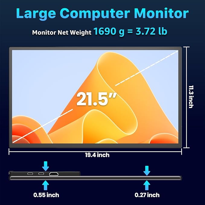 Portable Monitor 21.5" FHD 110% sRGB 120Hz IPS HDR HDMI USB-C Travel Monitor for Laptop MacBook PC Surface PS5 Xbox, Large External Display with Kickstand & Speakers, VESA Compatible