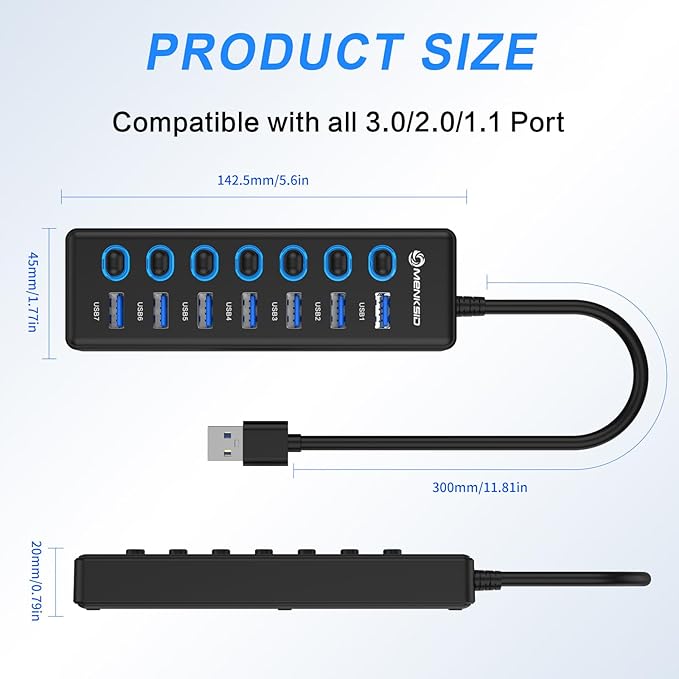 7-Port USB 3.0 Hub, Data USB Hub Splitter with Individual On/Off Switches and Lights, Compatible with Laptop, PC, MacBook, Mac Pro, Mac mini, iMac, Surface Pro and More