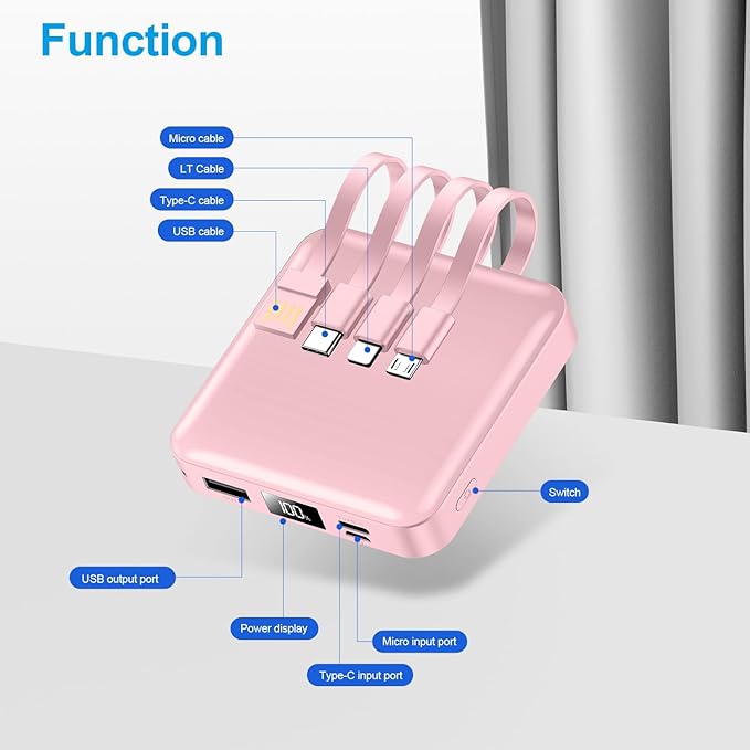 Portable Charger with Built-in Cable,12000mAh 22.5W Fast Charging Small Power Bank,USB C Input/Output with Smart LED Display,External Battery Pack for iPhone,Tablet,Samsung