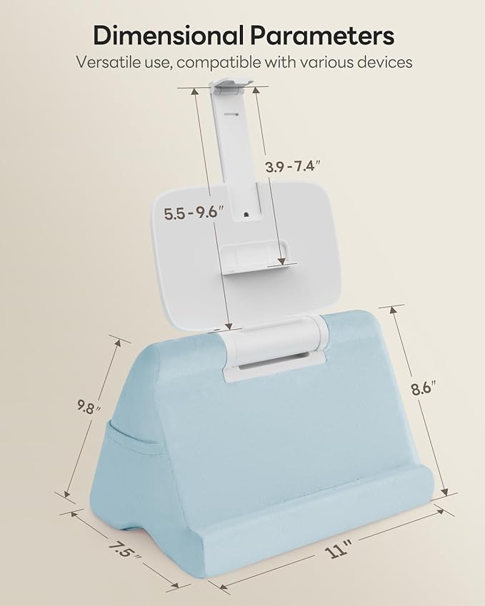 SAIJI Tablet Kindle Stand Pillow - iPad Holder for Lap Reading in Bed, with Lifter & Angle Adjustable Multi-Function Clip for 4-13" Tablets, iPad, Kindle, Phone, Blue