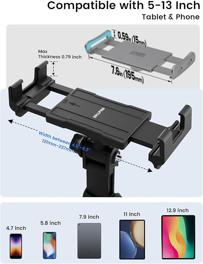 OHLPRO Tablet Holder for Car Suction Cup Mount for Dashboard & Windshield, 360° Rotation Adjustable Clamp with Telescopic Arm Compatible with 5"-13" iPad Pro,Air,Mini,Galaxy Tab, Kindle Fire