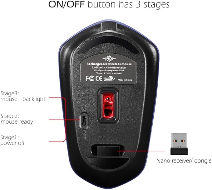 Rechargeable Wireless Mouse, Illuminating Backlit Powered by Li-Polymer Battery, Optical Sensor, Nano USB Receiver,3 Stages DPI Speed, 4 Buttons for PC, Laptop, Tablet, MacBook etc. (Net illuminating)