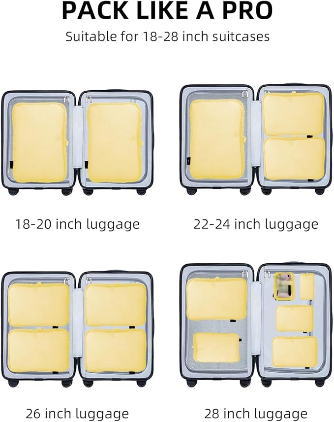 6 Set Compression Packing Cubes for Travel, Large Medium Small Luggage Organizers (Bright Yellow)