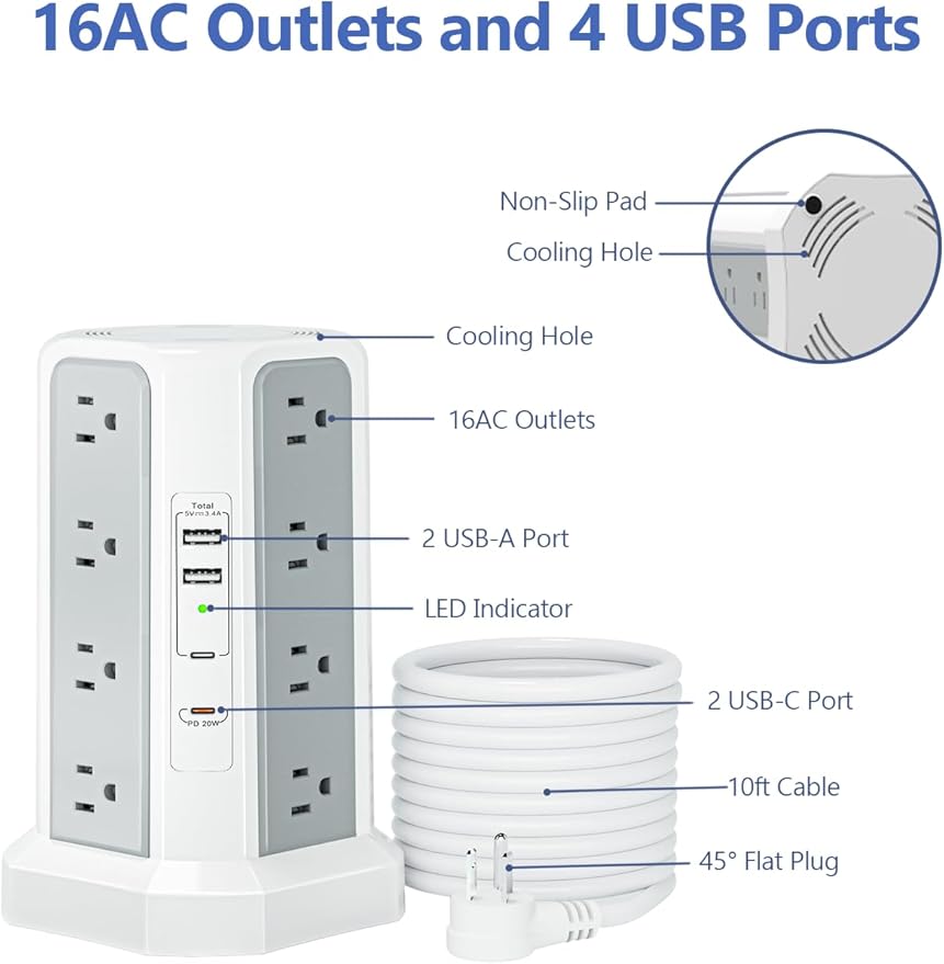 Surge Protector Power Strip Tower,10FT Long Extension Cord with Multiple Outlets 1625W 13A, Desk Charging Station with 16 Outlets and 4 USB Ports for Home, Office Desk Supplies, Dorm Room