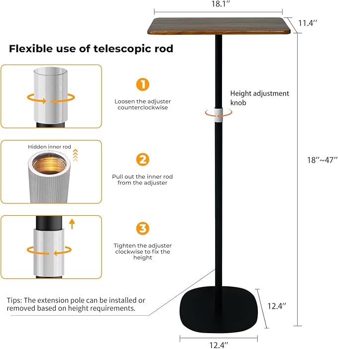Portable Laptop Floor Stand, Bedside/Sofa Table with Height Adjustable 18''~47'', Stylish Movable Workstation Floor Standing Desk for Office, Meeting Room, Living Room Easy Assembly, Black