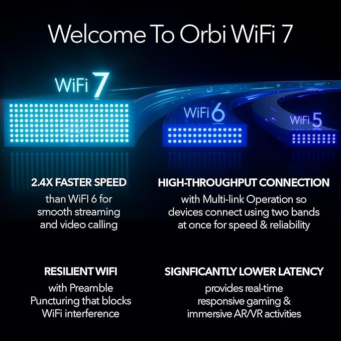 NETGEAR Orbi 970 Series Quad-Band WiFi 7 Mesh Network System (RBE972S) - Router + 1 Satellite Extender, Security Features, 27 Gbps, 6,600 sq. ft., 200 Devices, 10 Gig Internet Port – Free Expert Help