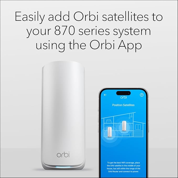 NETGEAR Orbi 870 Series (RBE870) Tri-Band WiFi 7 Mesh Add-on Satellite – Works with Orbi RBE872 and RBE873 – Security Features, Adds Coverage Up to 3,000 Sq. Ft. - BE21000 802.11be (Up to 21 Gbps)