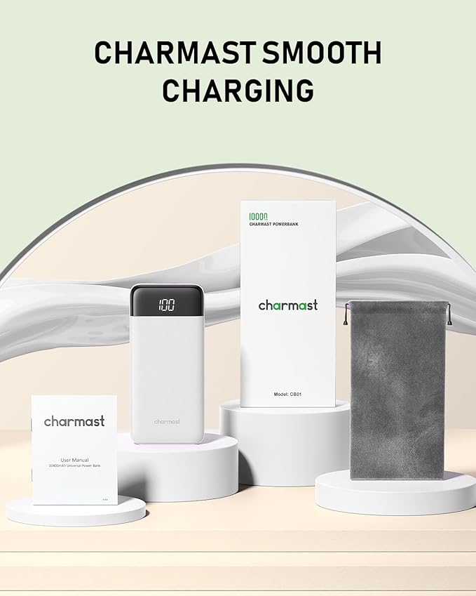 charmast Portable Charger with Built in Cables, 10000mAh Slim Power Bank, 15W USB C in&Out Port High Speed Charging External Charger, Battery Pack Compatible with iPhone 16 15 13 Samsung Google iPad