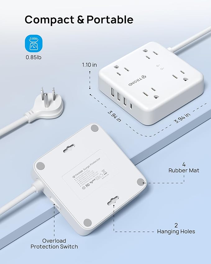 TROND Surge Protector Power Strip with USB Ports, 10ft Flat Plug Extension Cord with Multiple Outlets, 1440J, Wall Mount for Home Office Dorm Room Essentials, White