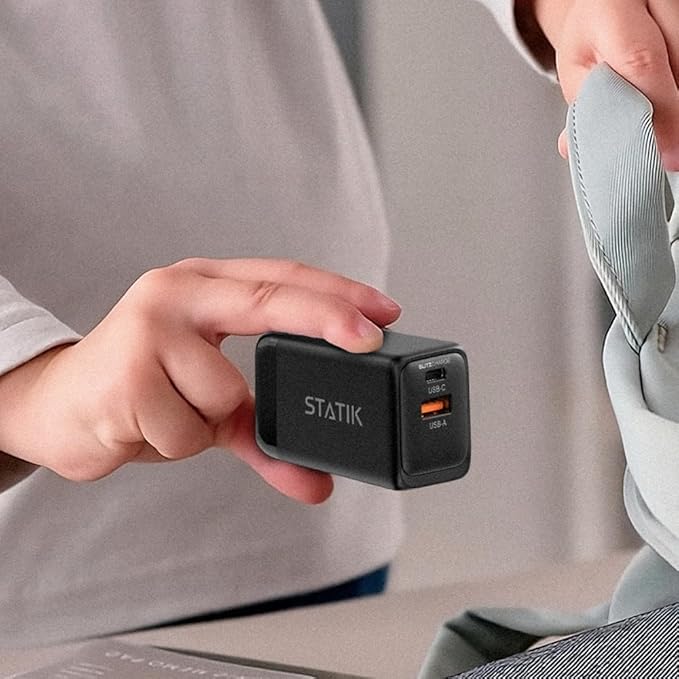 STATIK Fast-Charging GaN Power Adapter - 48W Dual USB C & USB - Foldable Compact Charger for iPhone, iPad, Samsung, Pixel - Smart Overheat Protection - Cable Not Included