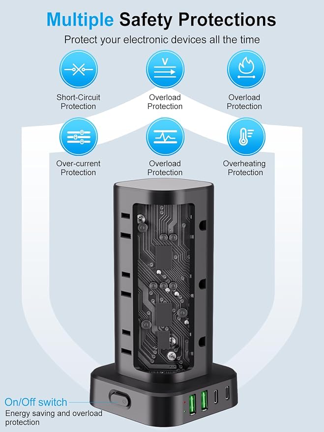 Power Strip with Wireless Charger, Flat Plug Surge Protector with 6FT Extension Cord, 12 AC Multiple Outlets, 4 USB (2 USB C), 15W Wireless Charging Power Tower for Home Office Dorm, Black