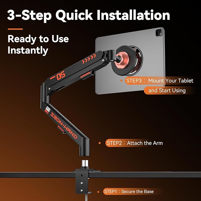 Magnetic Tablet Stand, Adjustable Desk Mount for iPad & All Tablets, 360° Rotating Foldable Arm with Gas Spring, Heavy Duty Aluminum, for Home Office, Kitchen, Bedside, Studio, Black