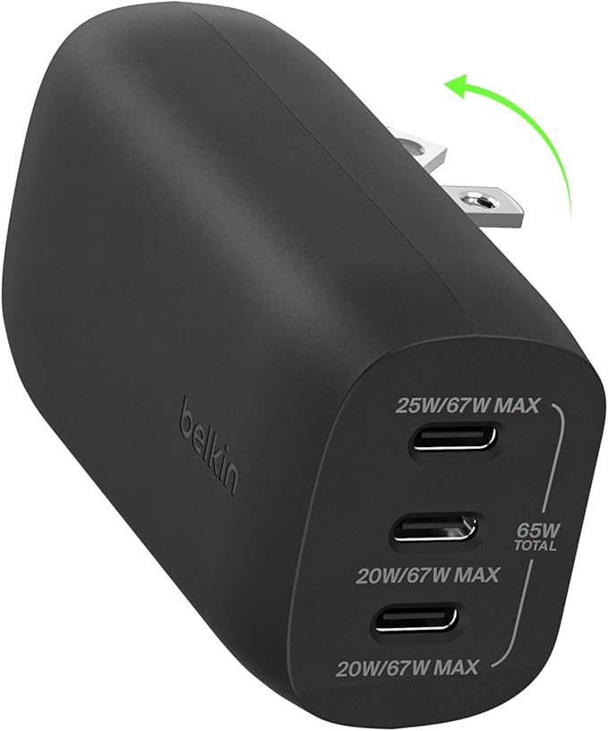 Belkin 3-Port USB C Charger Block w/PPS 67W, USB-C PD 3.1 Super Fast Charging - Samsung Galaxy S25, Apple iPhone 17, Air, Pro, Pro Max, MacBook, AirPods, Apple Watch, Nintendo Switch 2, etc. - Black