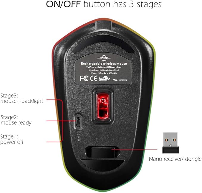 Rechargeable Wireless Mouse, Backlit Powered by Li-Polymer Battery, Optical Sensor, Nano USB Receiver,3 Stages DPI Speed, 4 Buttons for PC, Laptop, Tablet, MacBook etc. (Solo Firework)