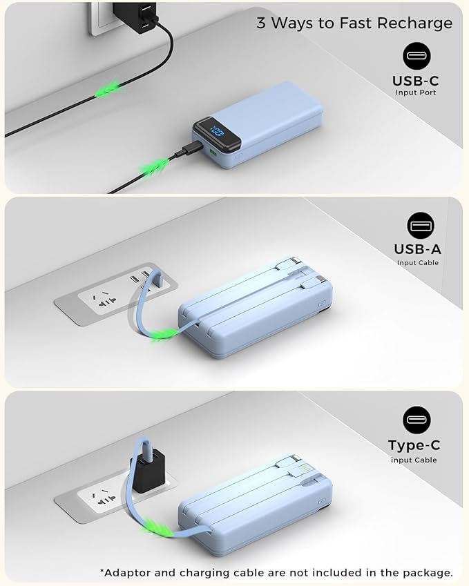 Portable Charger 40000mAh Power Bank Built-in Cable Battery Pack, PD 22.5W Fast Charging Portable Phone Charger 4 Output 3 Input, Compatible with iPhone 16 15 14 13 Samsung Google iPad (Blue)