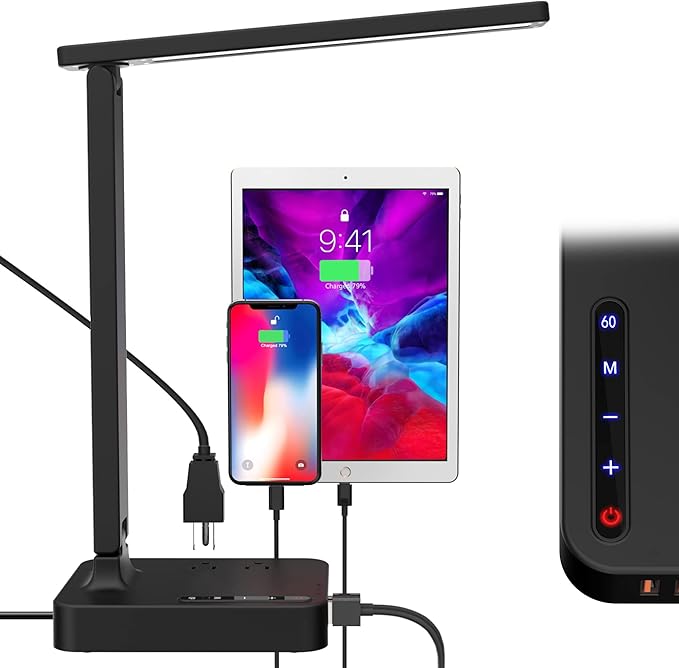 cozoo Desk Lamps for Home Office,Modern LED Desk Lamp for Dorm with 2 USB Charging Ports/Type C Port,2 AC Outlets,3 Lighting Mode,3 Level Brightness,Touch Control/Timer/Eye-Caring Foldable Table Lamp