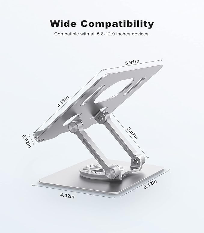 Tablet Stand, Swivel Ipad Stand with 360 Rotating Base, Adjustable Tablet Holder for Drawing, Compatible with iPad Pro/Air/Mini and More (Silver)