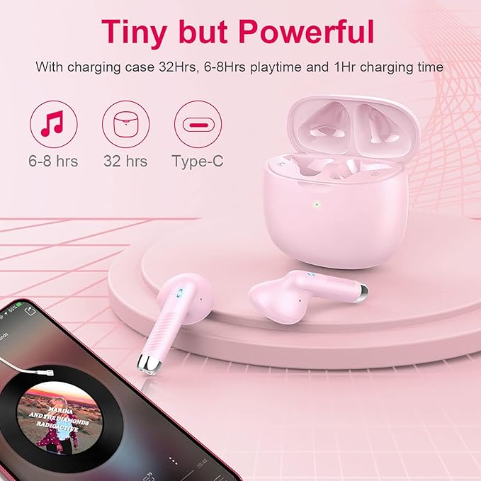 Wireless Earbuds, Bluetooth 5.4 Earbuds Stereo Bass, Bluetooth Headphones in Ear Noise Cancelling Mic, Earphones IP7 Waterproof Sports, 32H Playtime USB C Charging Case Pink Ear Buds for Android iOS