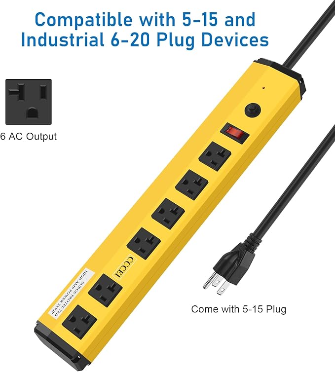 CCCEI Heavy Duty Power Strip Surge Protector 20 Amp, High Amp Industrial Shop Garage Metal Multiple Outlets, 4 FT 12 Gauge 5-15P Extension Cord 6 Outlet 6-20R T-Slot 20a for Appliance, Yellow.