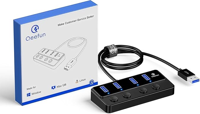 Qeefun 4-Port USB 3.0 Hub, Individual LED Power Switches, 5Gbps Data Transfer USB Splitter with 2ft Extension Cable, Multiple USB Extender for Laptop, PC, iMac, USB Flash Drives and More
