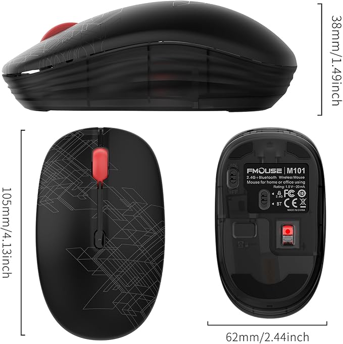 Dual Mode Wireless Mouse: Bluetooth & 2.4GHz USB, Silent Click, Ergonomic for Office & Study, AA Battery (1 Year Life), Portable for Laptop, PC, Mac, iPad, Windows/MacOS/Android (Black)