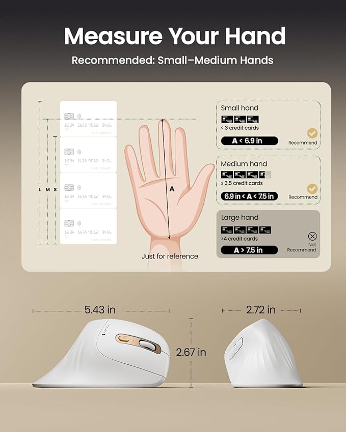 ProtoArc Ergonomic Mouse, EM11 NL Bluetooth Rechargeable Wireless Vertical Mouse, 3 Multi-Device Connectivity for Computer/PC/Laptop, 2.4GHz Optical Mice for Windows, Mac OS, White Gold