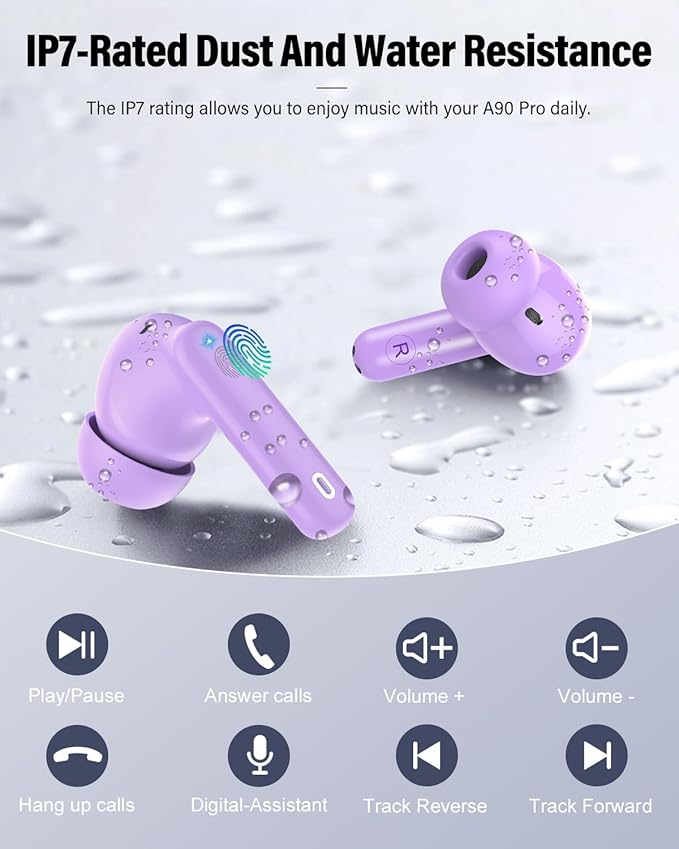 Wireless Earbuds, Bluetooth 5.4 Headphones Bass Stereo, Ear Buds with Noise Cancelling Mic, LED Display in Ear Earphones Clear Calls, IP7 Waterproof Bluetooth Earbuds for Laptop/Phones/Sports, Purple