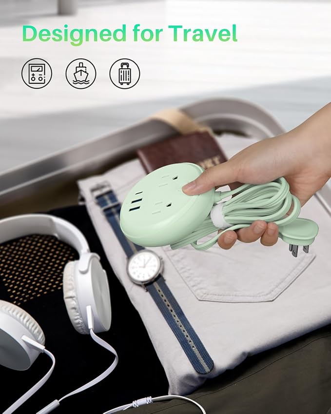 Flat Plug Power Strip with USB C Ports, KOOSLA Travel Extension Cord No Surge Protection - 2 Outlets 3 USB Ports(1250W) - Cruise Essentials for Cruise Ship, Home, Office, Dorm Room, 5ft